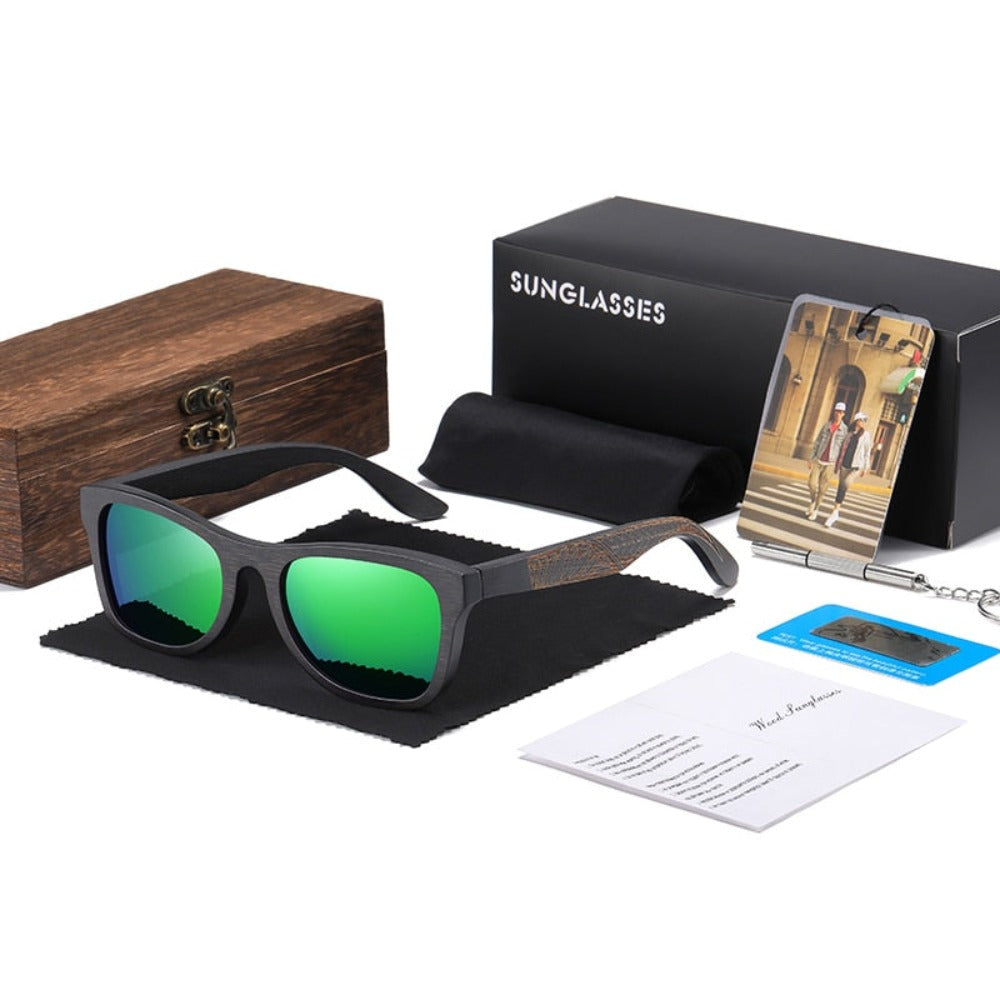 wootswood-lunettes-soleil-polarisées-coffret-bois-bambou-monture-noir-verres-vert-verte