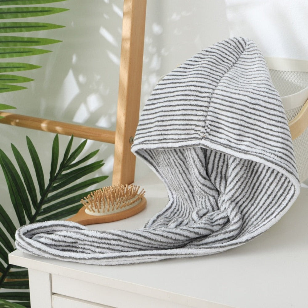 wootswood-serviette-cheveux-capuche-bain-douceur-ultra-doux-rayé-gris-blanc-absorbant