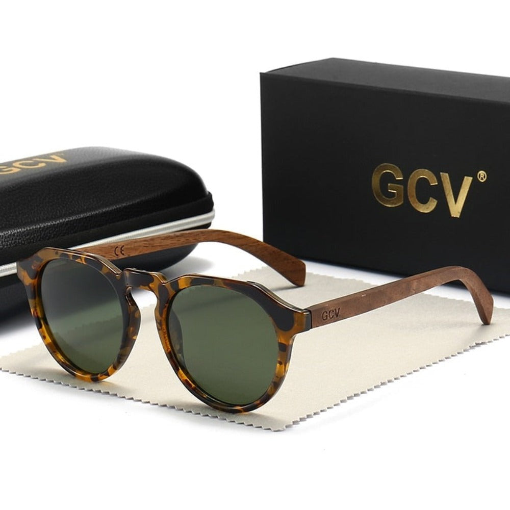 wootswood-lunettes-soleil-polarisées-coffret-monture-léopard-bois-noyer-verres-vert