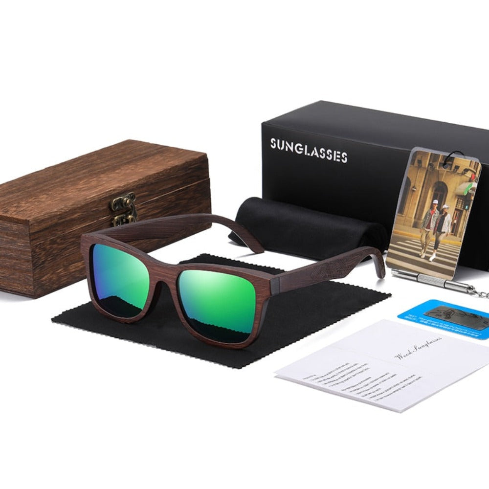 wootswood-lunettes-soleil-polarisées-bois-bambou-coffee-coffret-verres-vert