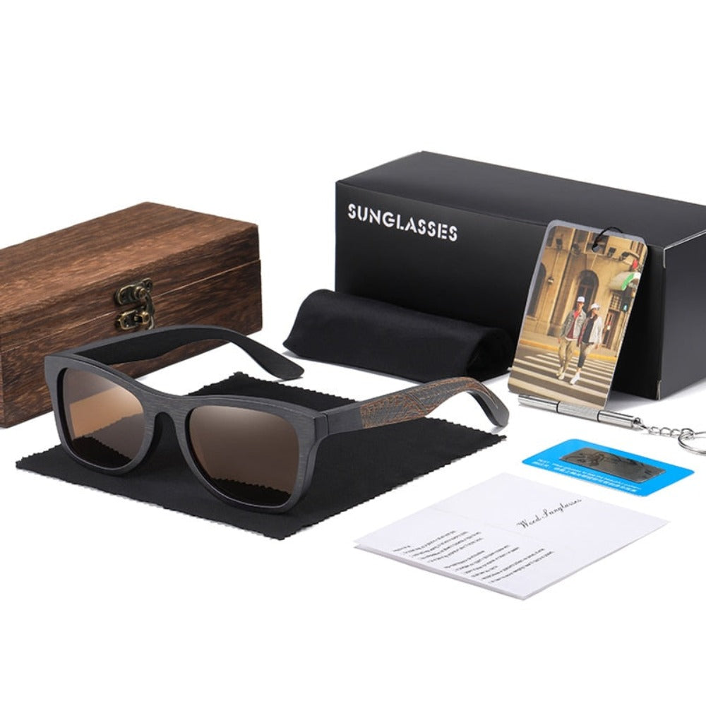 wootswood-lunettes-soleil-polarisées-coffret-bois-bambou-monture-noir-verres-marron