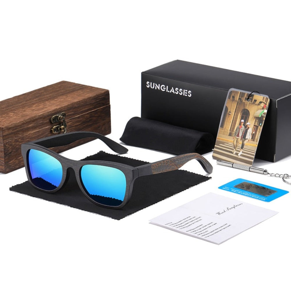 wootswood-lunettes-soleil-polarisées-coffret-bois-bambou-monture-noir-verres-bleu